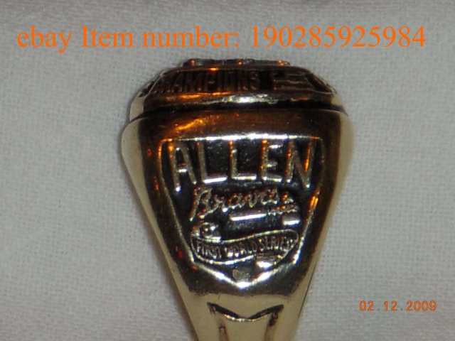 Here is the ALLEN that is on the ring that is for sale.  THis side shows the details even in the name is not sharp.  The wording and logos are clearly copies and worst yet ALL of the non players rings should have STAFF at the bottom.  This seller claimed 